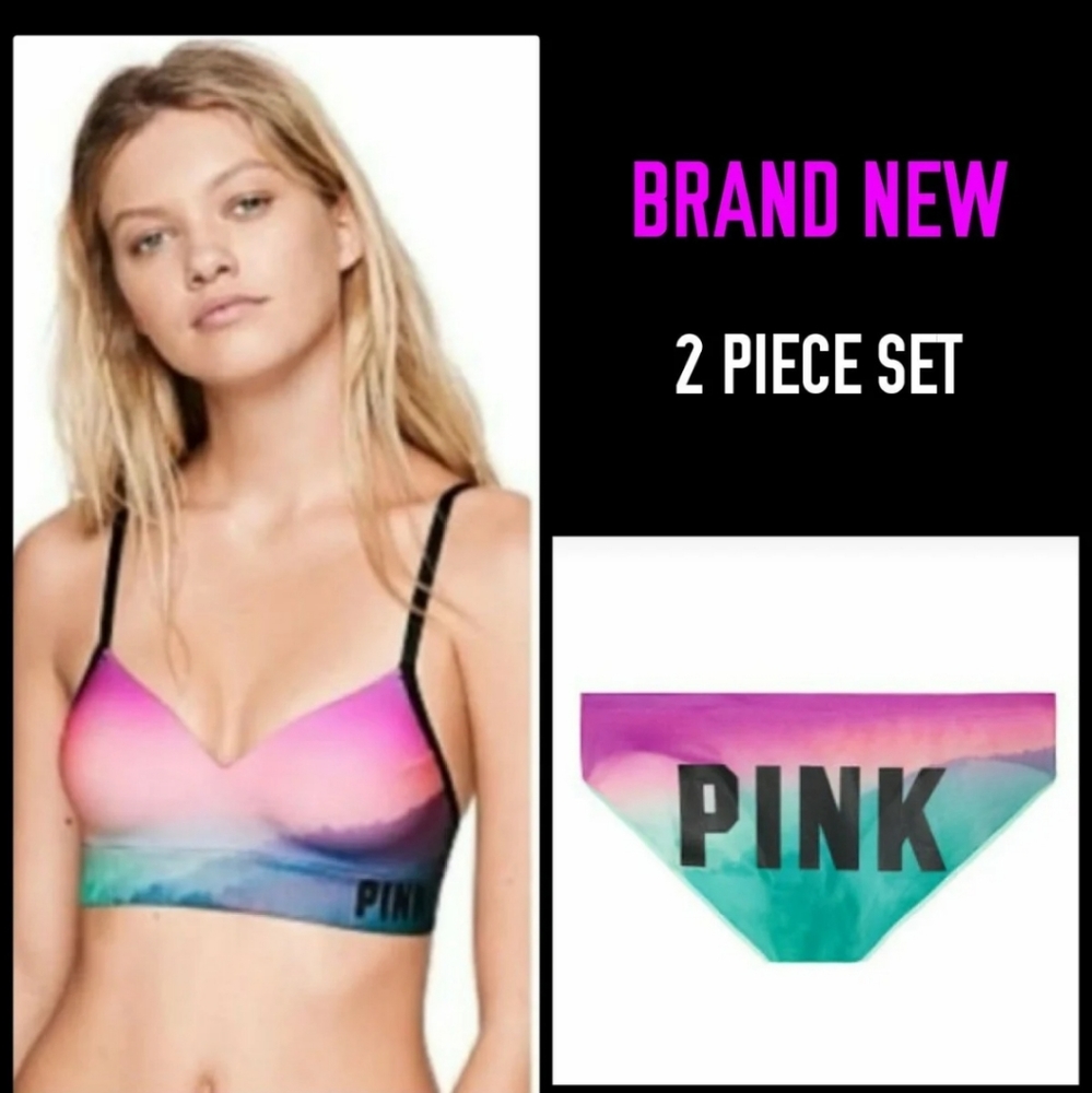 NEW VICTORIA'S SECRET PINK COOL & COMFY OMBRE DIP DYE SUNSET BRA & PANTY SET